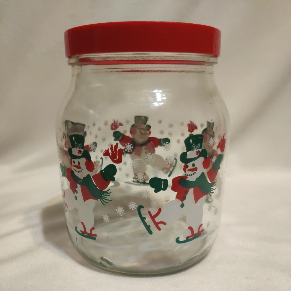 VTG Anchor Hocking Glass Snowman Candy Cookie Jar With Red Plastic Lid 64oz